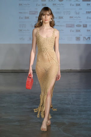Arya Hand-Crochet Long Dress in Gold