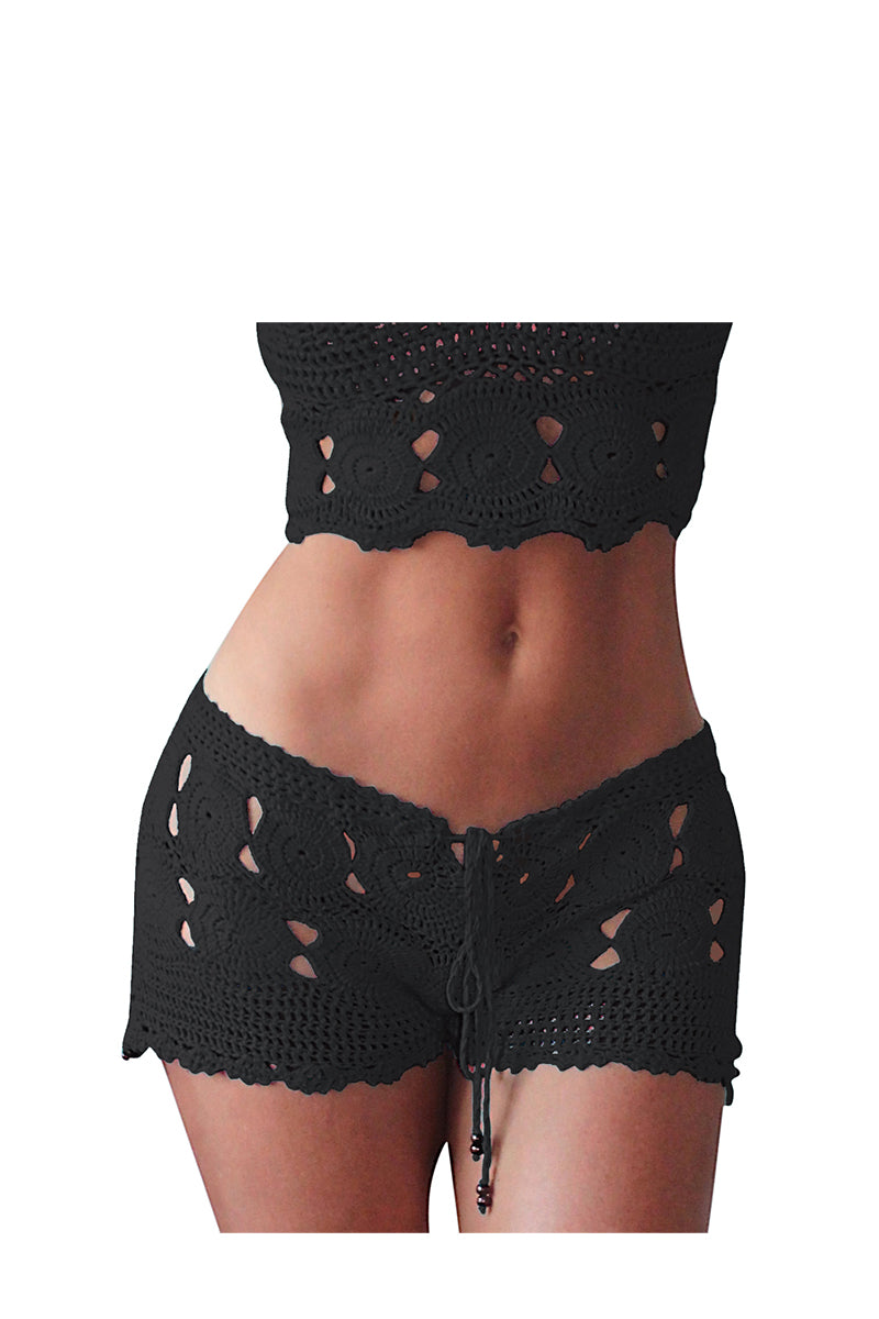 Aysen Drawstring Hand-Crochet Shorts in Black