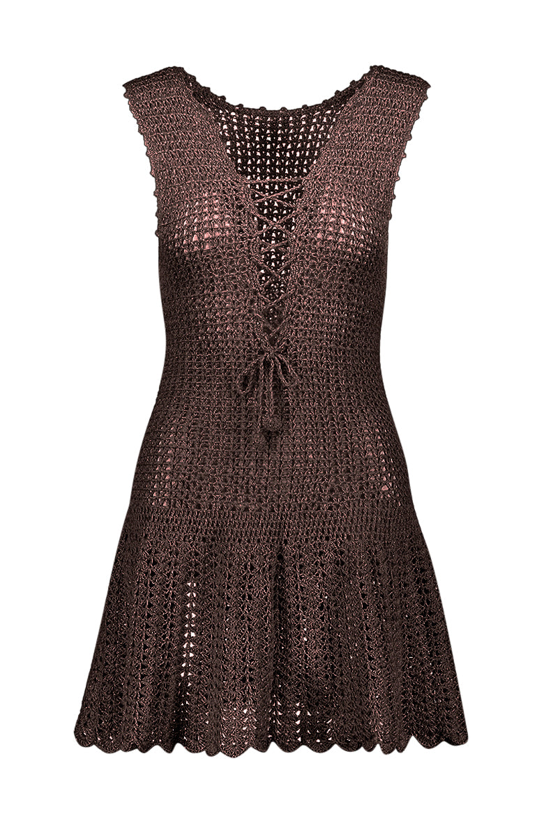 Blanca Lace-Up Decollete Hand-Crochet Dress in Brown