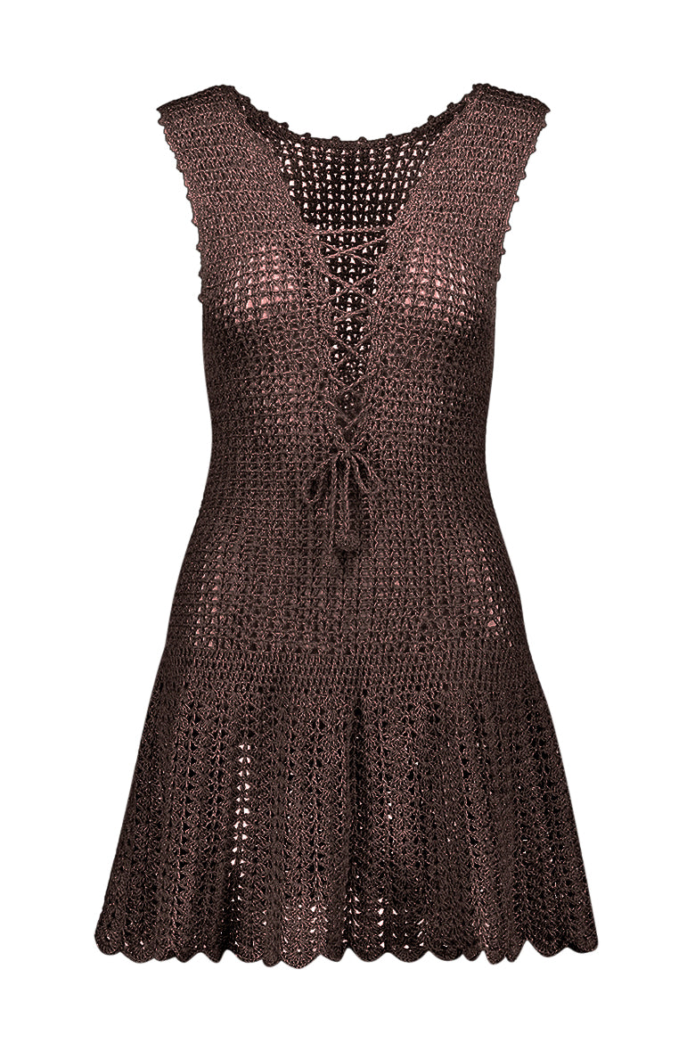 Blanca Lace-Up Decollete Hand-Crochet Dress in Brown - Coketta Beachwear Blanca Lace-Up Decollete Hand-Crochet Dress in Brown - Coketta Beachwear