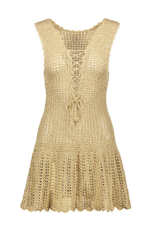 Blanca Lace-Up Decollete Crochet Dress in Gold