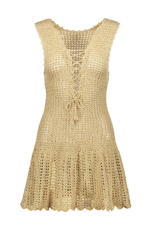 Blanca Lace-Up Decollete Crochet Dress in Gold - Coketta Beachwear Blanca Lace-Up Decollete Crochet Dress in Gold - Coketta Beachwear